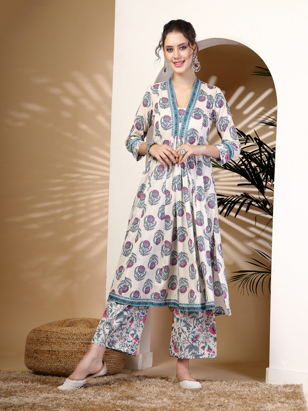 Cotton  Calf Length Printed Flared 3/4 Sleeves V-Neck Kurta, Bottom With Dupatta