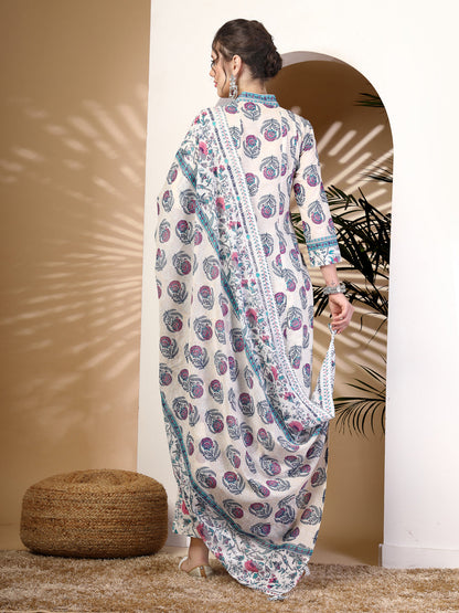 Cotton  Calf Length Printed Flared 3/4 Sleeves V-Neck Kurta, Bottom With Dupatta
