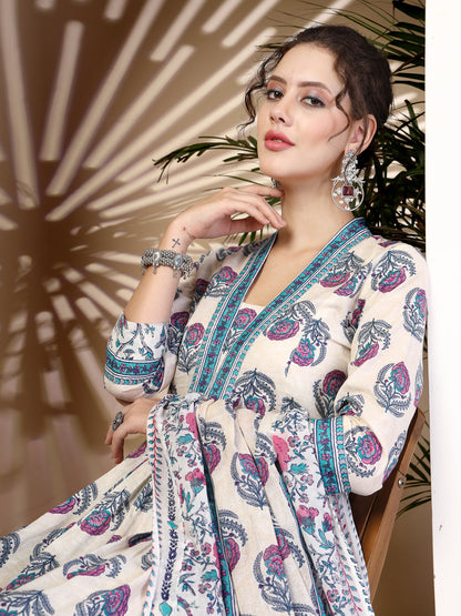 Cotton  Calf Length Printed Flared 3/4 Sleeves V-Neck Kurta, Bottom With Dupatta