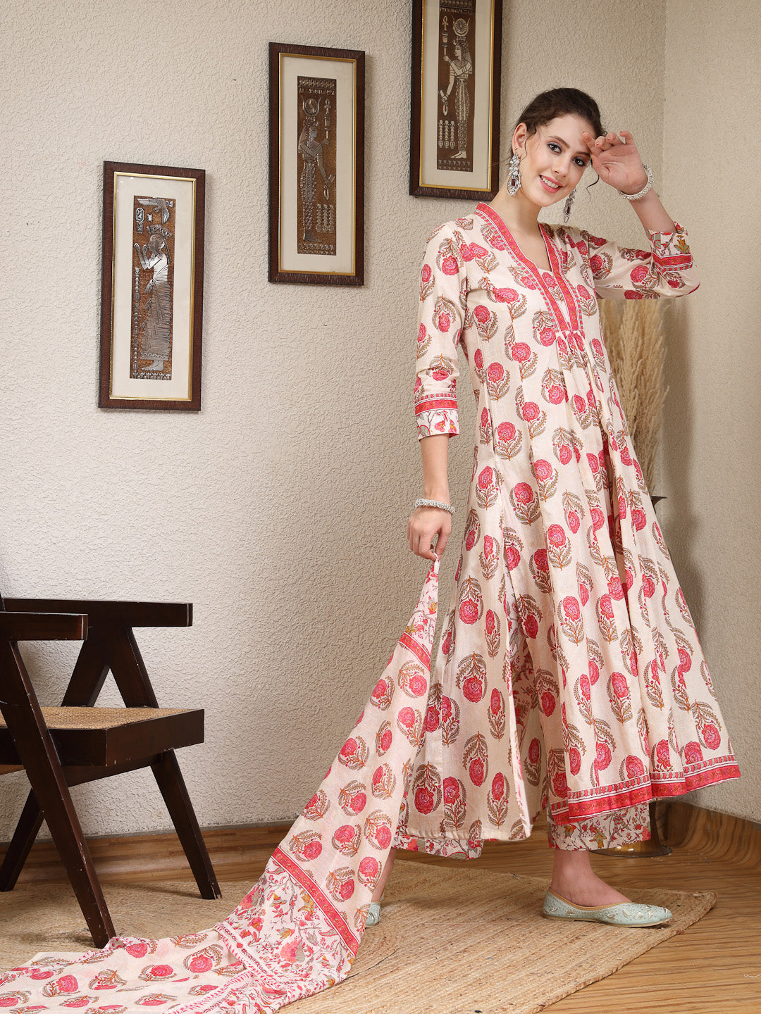 Cotton  Calf Length Printed Flared 3/4 Sleeves V-Neck Kurta, Bottom With Dupatta