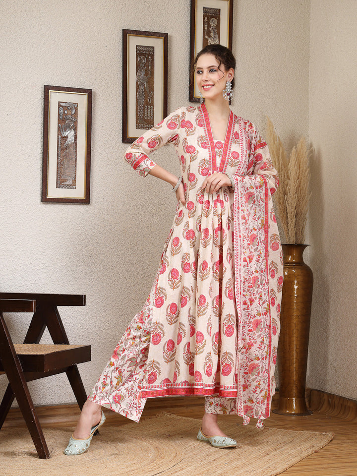 Cotton  Calf Length Printed Flared 3/4 Sleeves V-Neck Kurta, Bottom With Dupatta