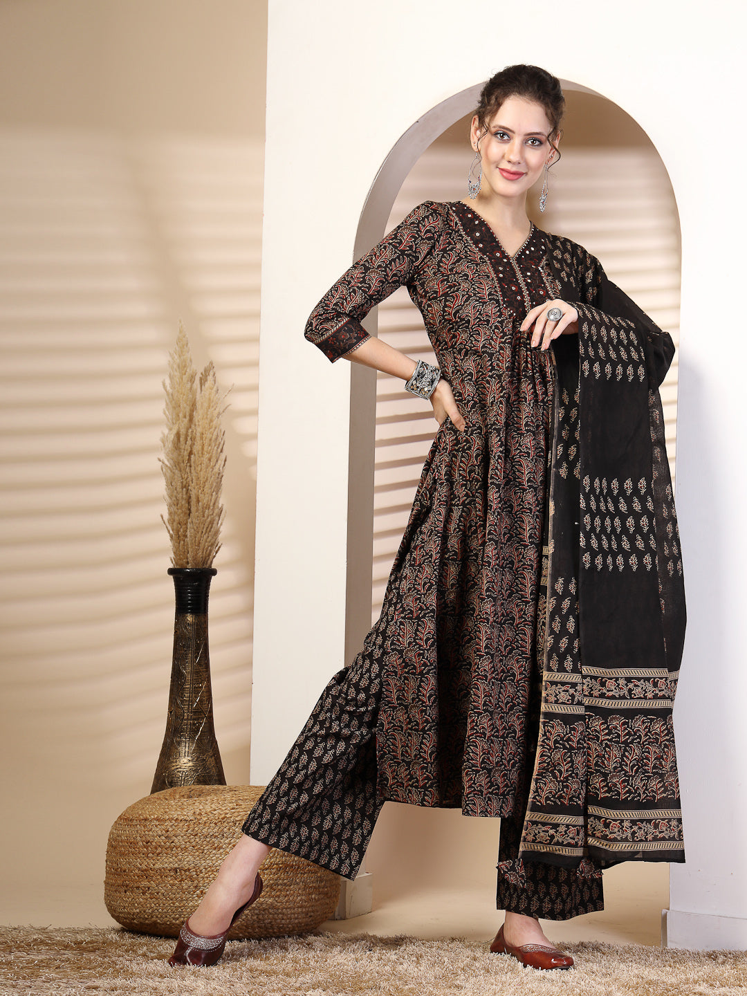 Cotton  Calf Length Printed Flared 3/4 Sleeves V-Neck Kurta Bottom Dupatta Set