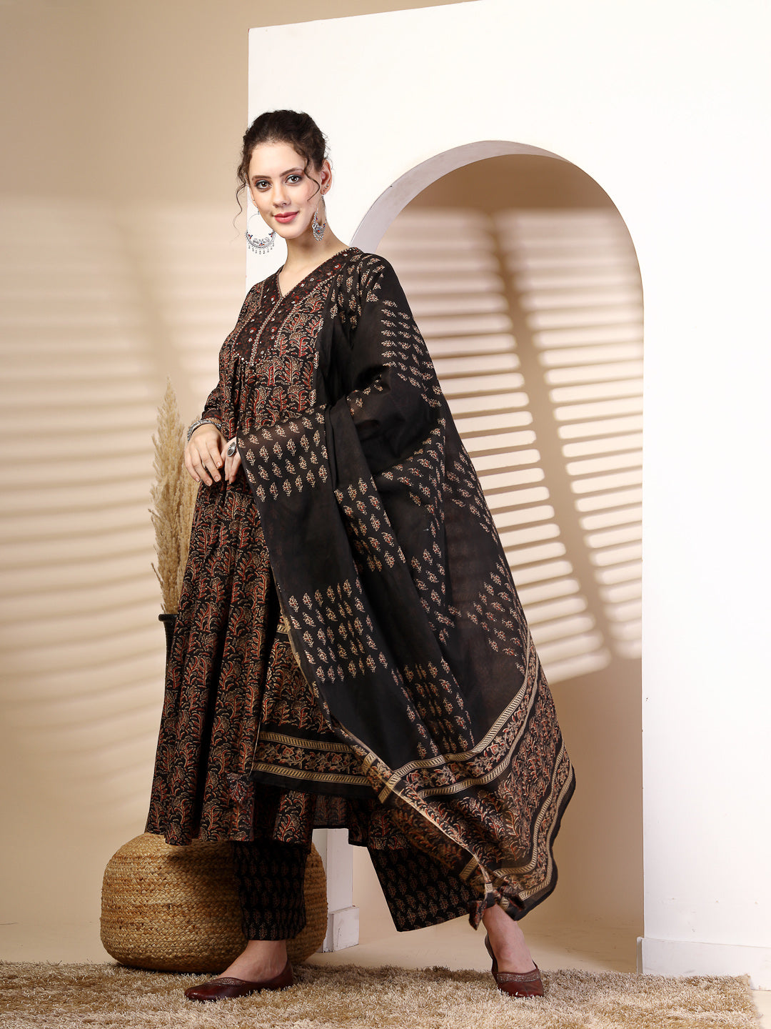 Cotton  Calf Length Printed Flared 3/4 Sleeves V-Neck Kurta Bottom Dupatta Set
