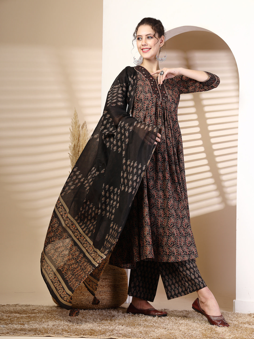 Cotton  Calf Length Printed Flared 3/4 Sleeves V-Neck Kurta Bottom Dupatta Set