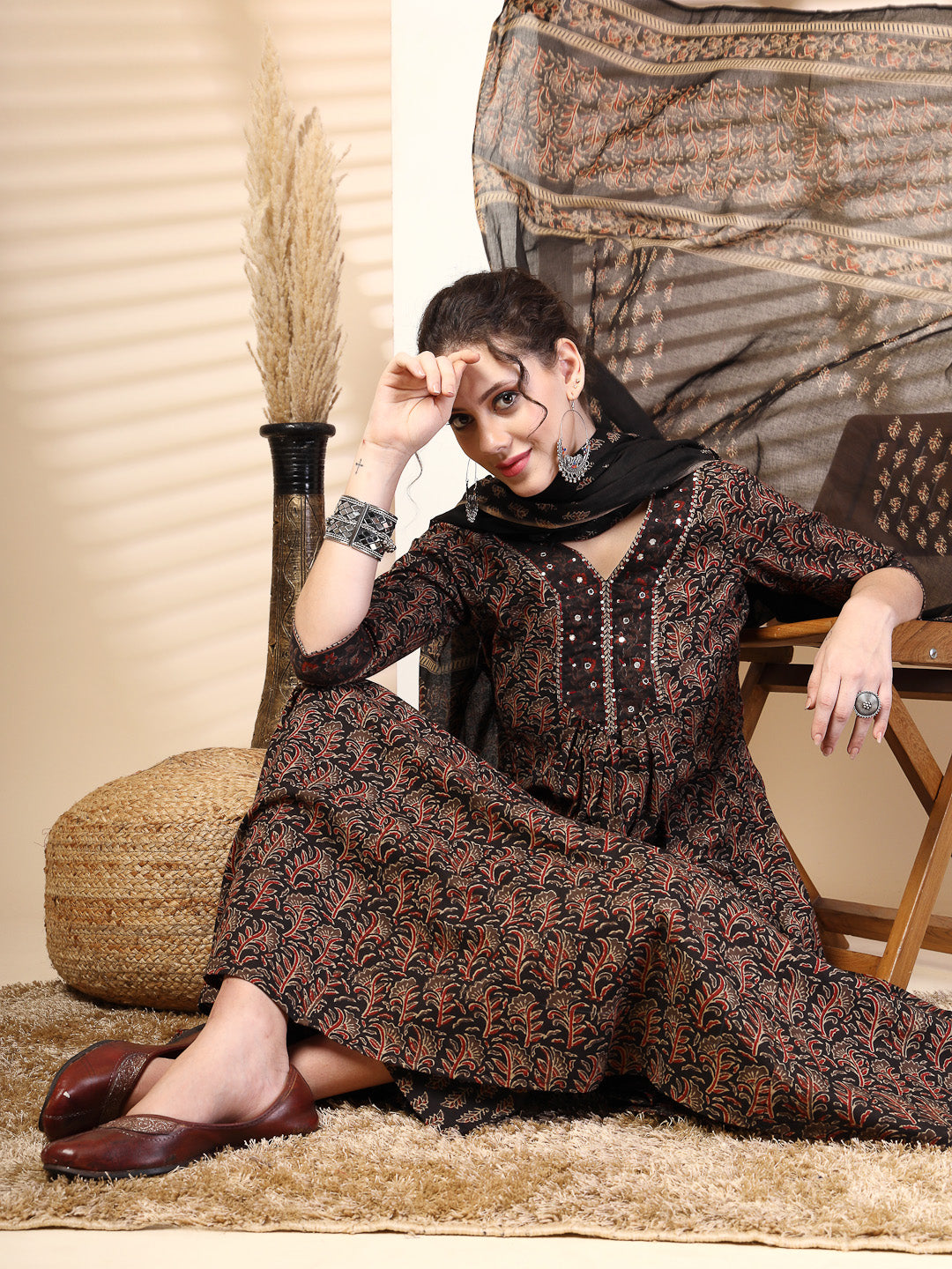 Cotton  Calf Length Printed Flared 3/4 Sleeves V-Neck Kurta Bottom Dupatta Set