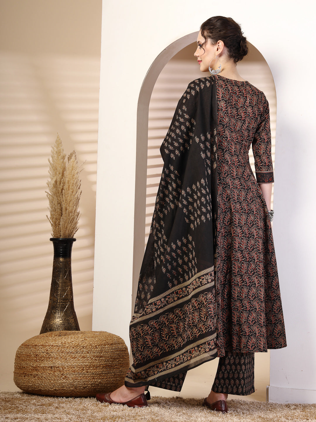 Cotton  Calf Length Printed Flared 3/4 Sleeves V-Neck Kurta Bottom Dupatta Set