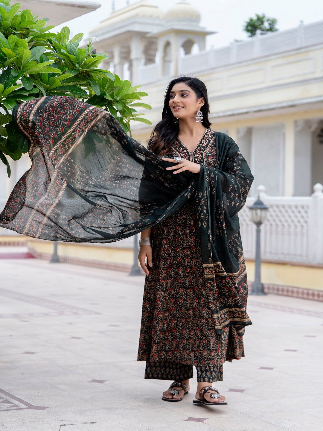 Cotton  Calf Length Printed Flared 3/4 Sleeves V-Neck Kurta Bottom Dupatta Set