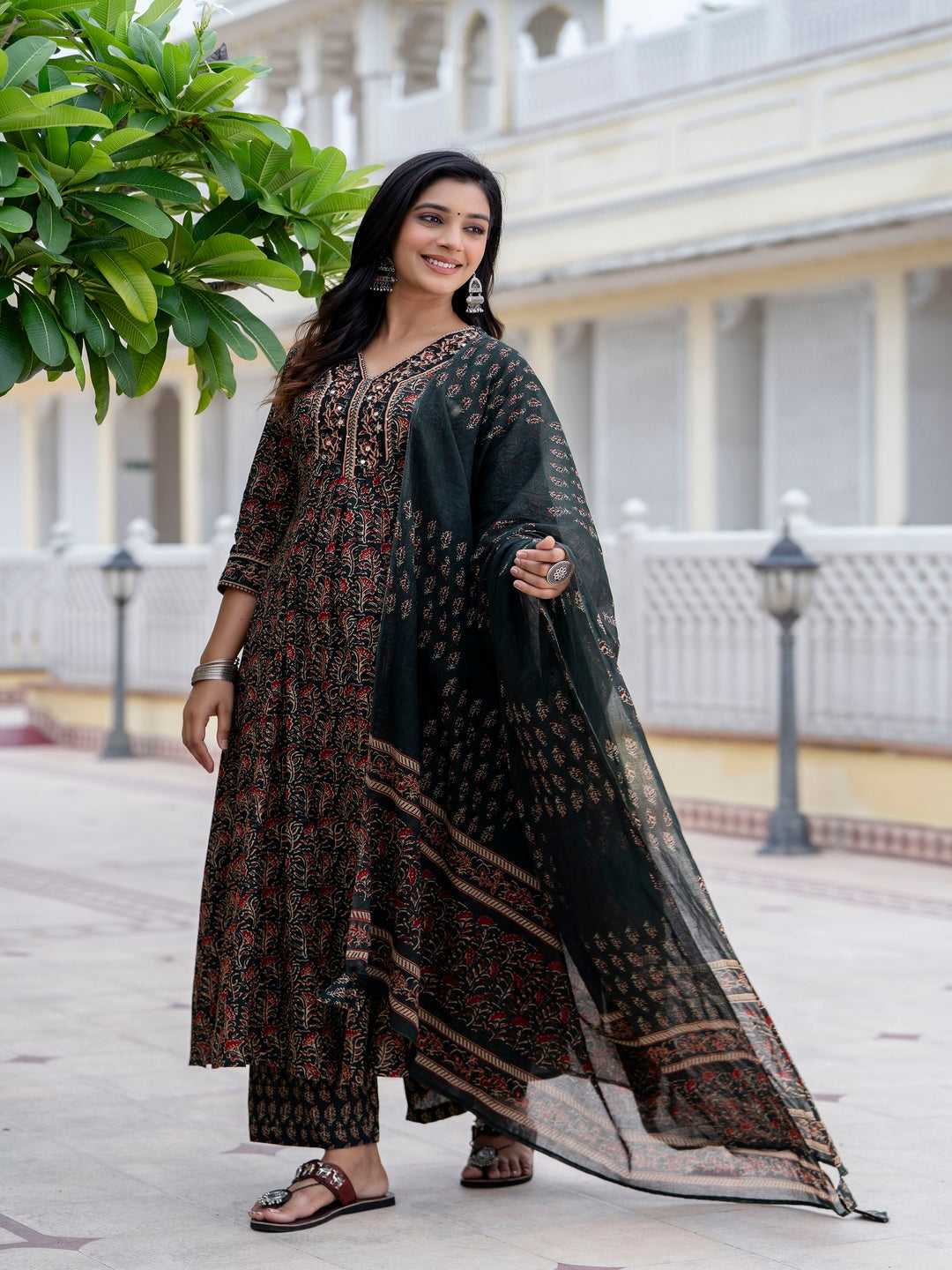 Cotton  Calf Length Printed Flared 3/4 Sleeves V-Neck Kurta Bottom Dupatta Set