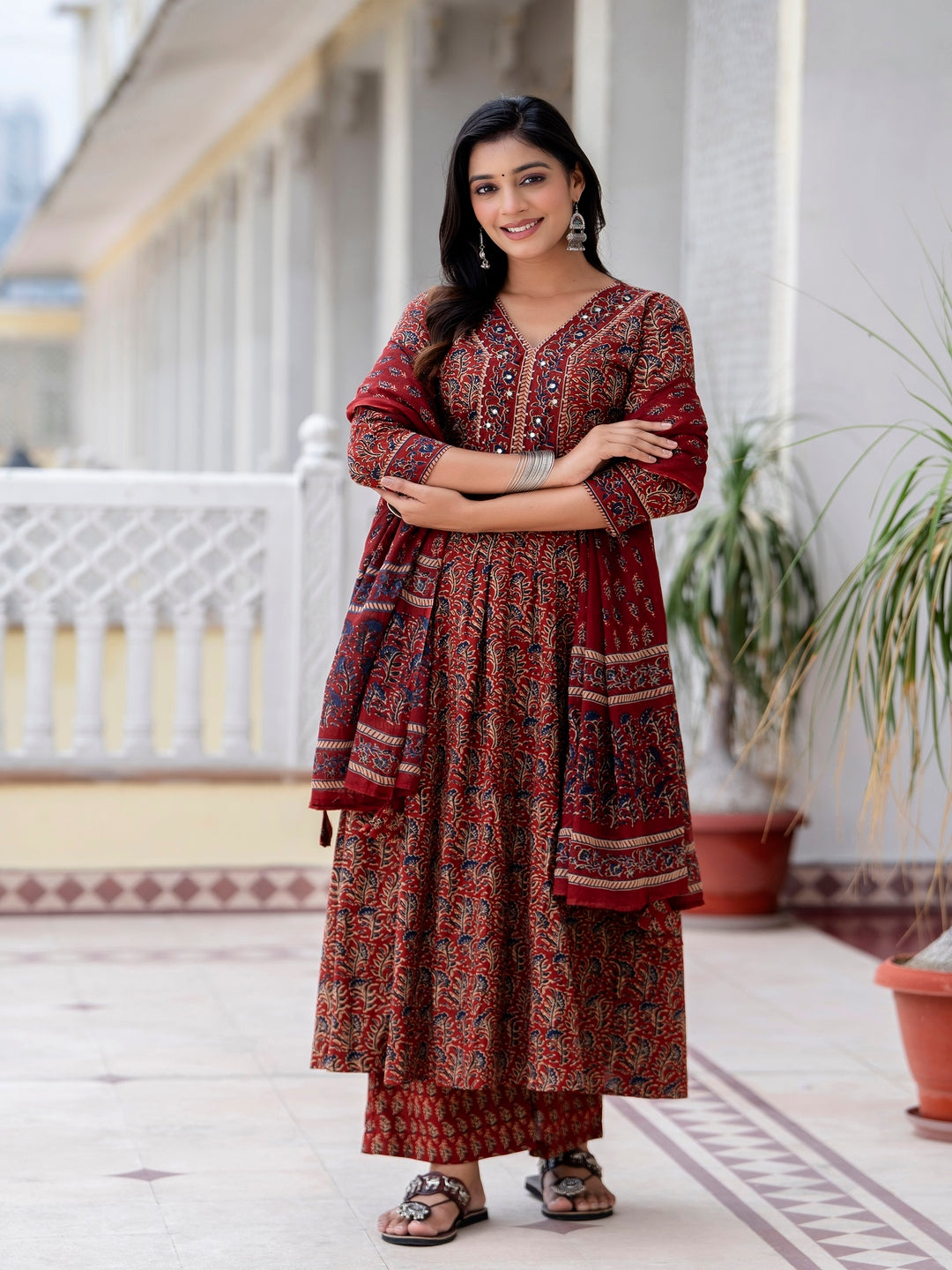Cotton  Calf Length Printed Flared 3/4 Sleeves V-Neck Kurta Bottom Dupatta Set