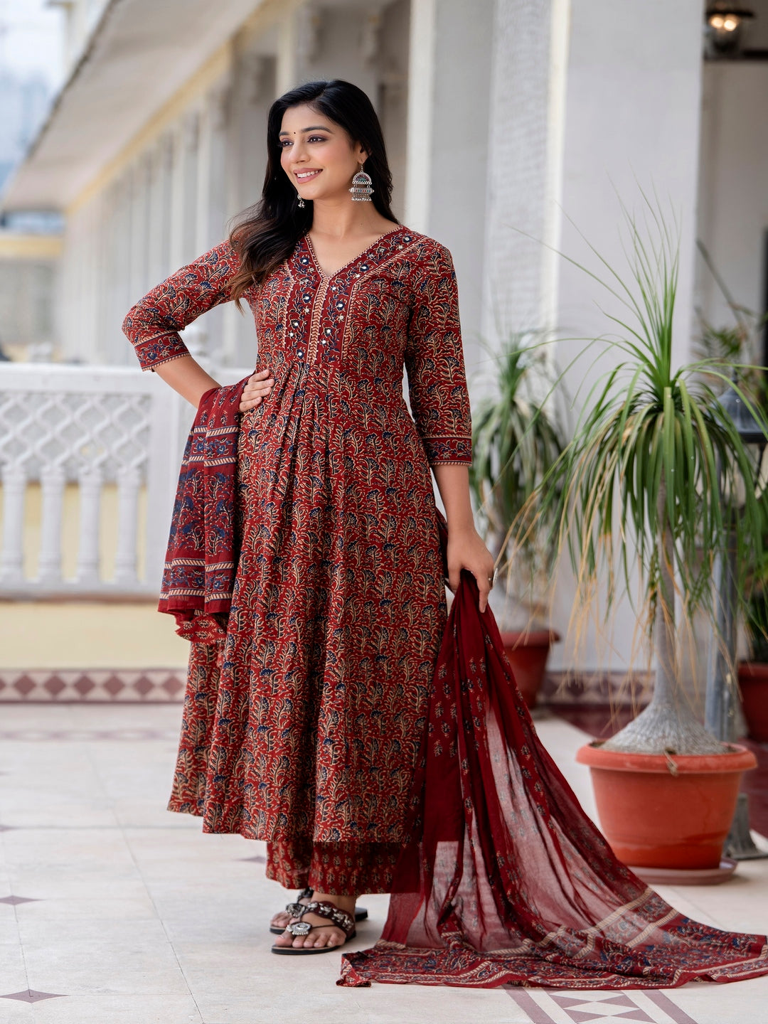 Cotton  Calf Length Printed Flared 3/4 Sleeves V-Neck Kurta Bottom Dupatta Set