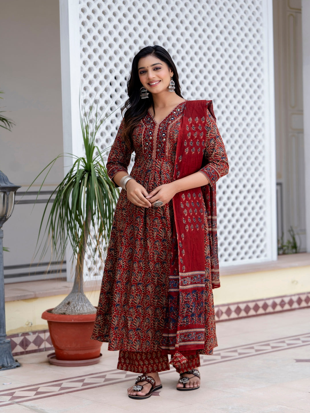 Cotton  Calf Length Printed Flared 3/4 Sleeves V-Neck Kurta Bottom Dupatta Set