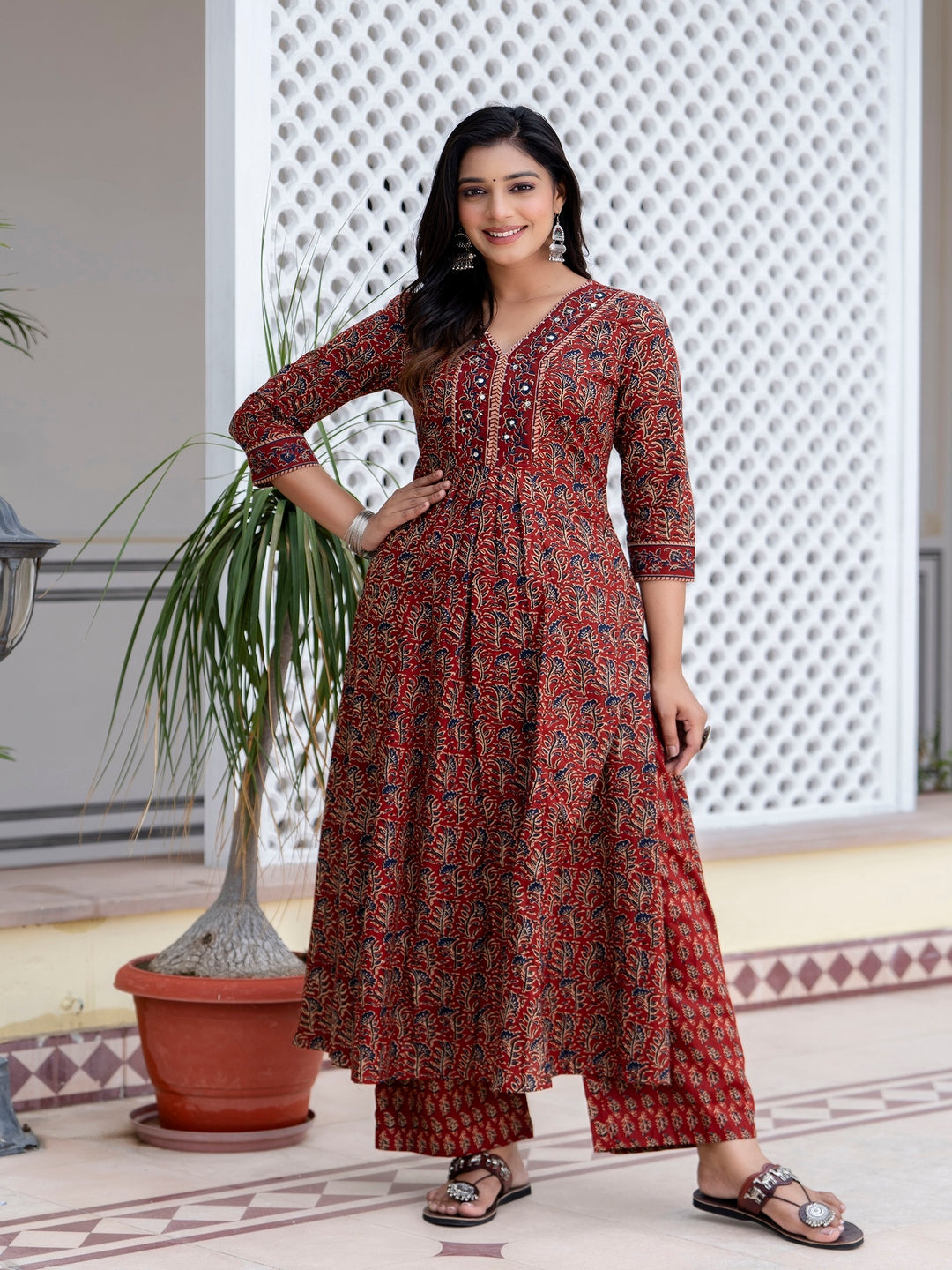Cotton  Calf Length Printed Flared 3/4 Sleeves V-Neck Kurta Bottom Dupatta Set