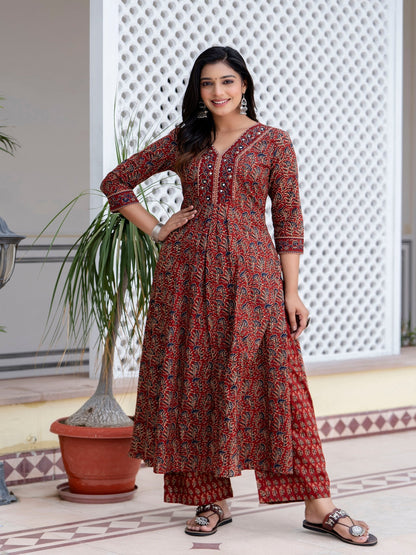 Cotton  Calf Length Printed Flared 3/4 Sleeves V-Neck Kurta Bottom Dupatta Set