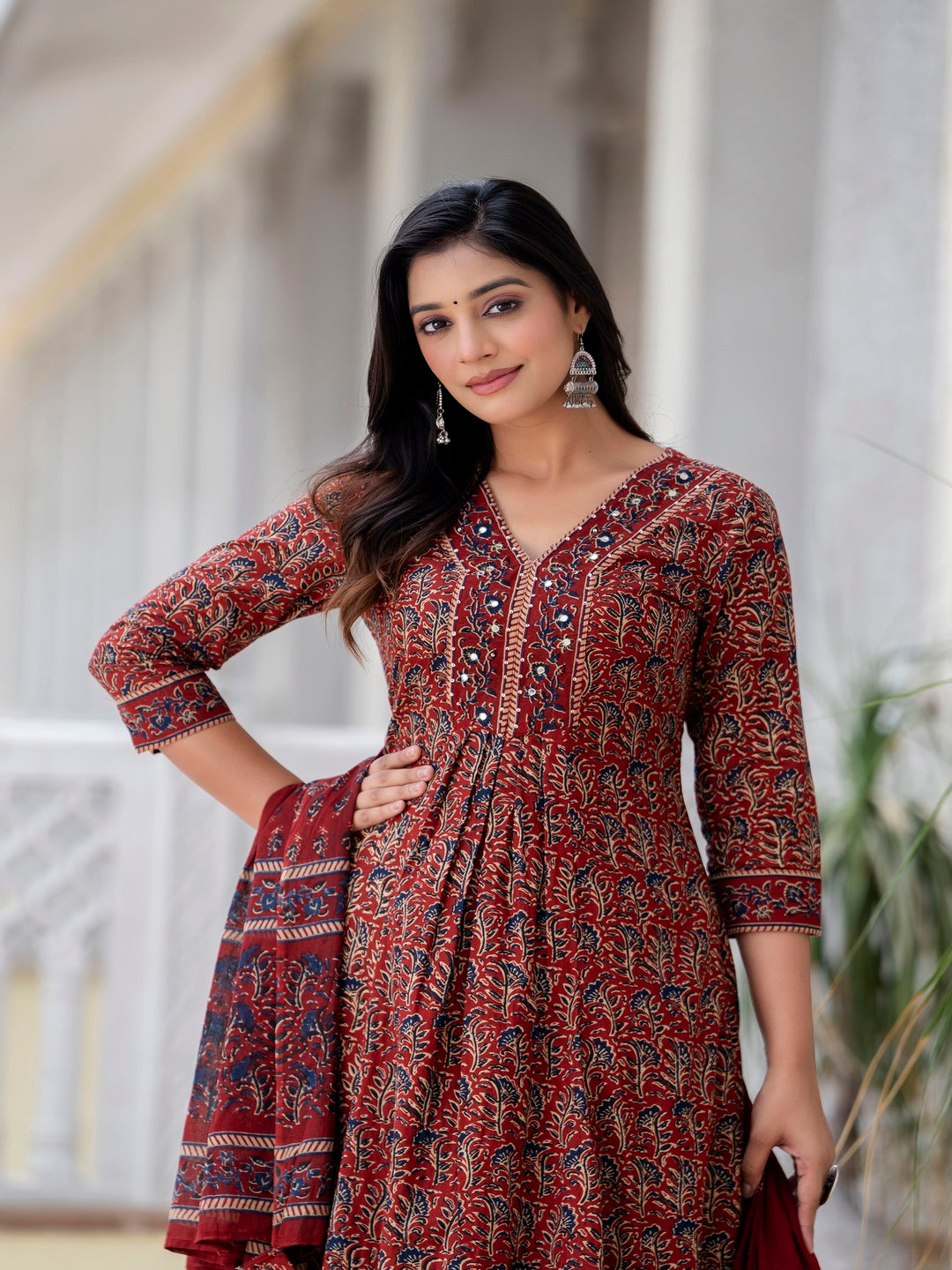 Cotton  Calf Length Printed Flared 3/4 Sleeves V-Neck Kurta Bottom Dupatta Set