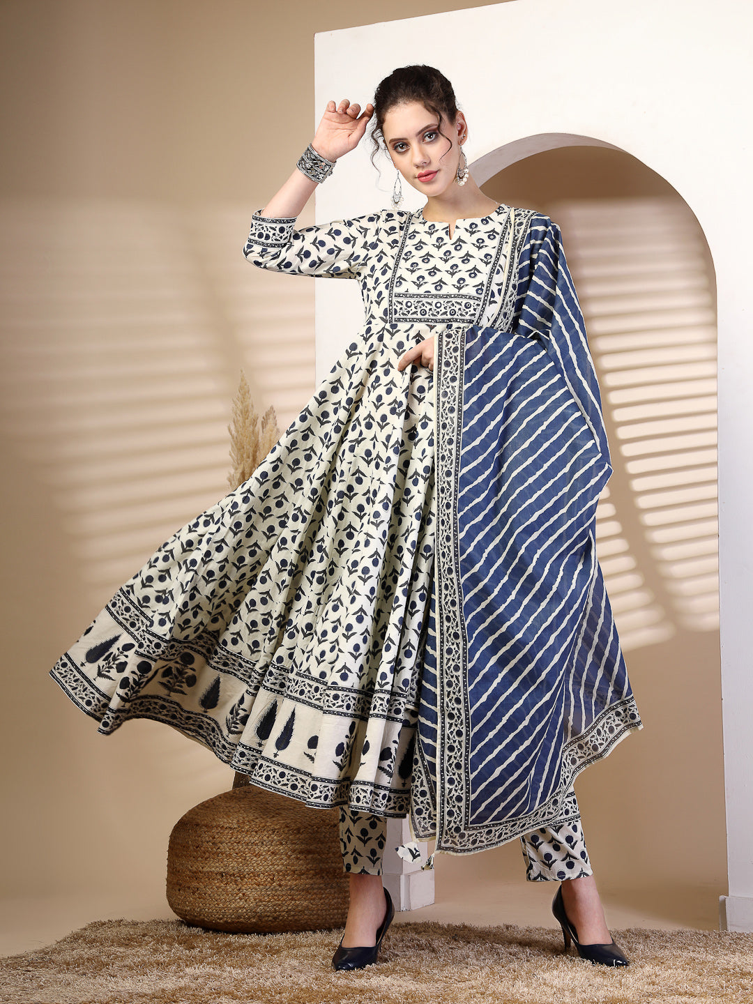 Cotton  Calf Length Printed Flared 3/4 Sleeves Round Neck Kurta, Bottom With Dupatta