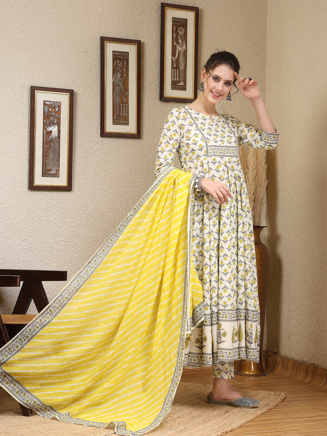 Cotton  Calf Length Printed Flared 3/4 Sleeves Round Neck Kurta, Bottom With Dupatta