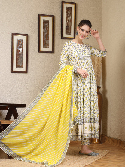 Cotton  Calf Length Printed Flared 3/4 Sleeves Round Neck Kurta, Bottom With Dupatta