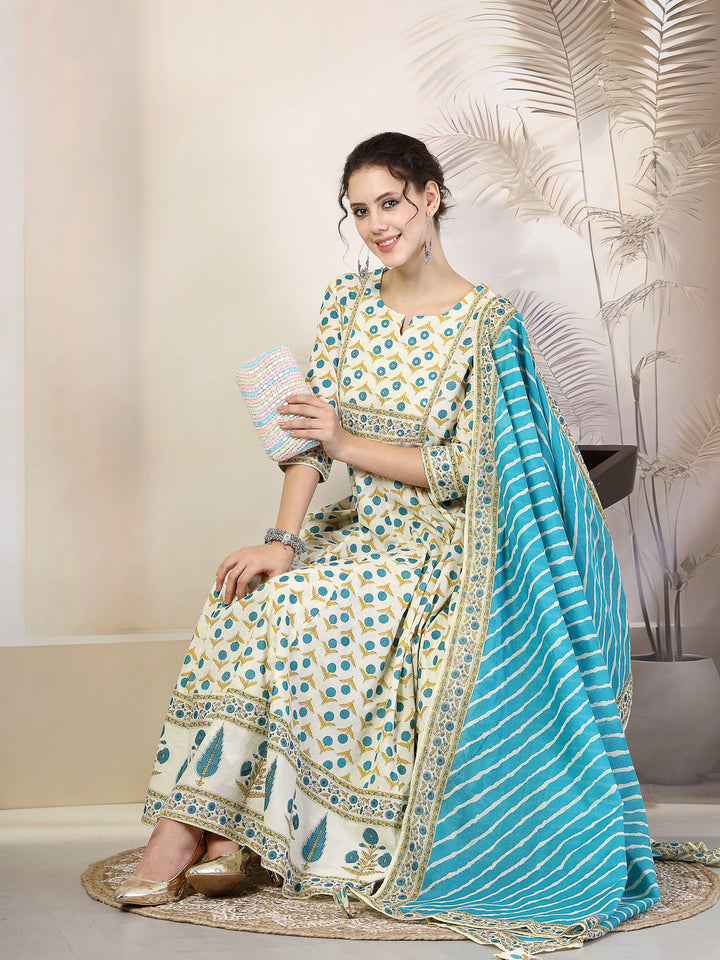 Cotton  Calf Length Printed Flared 3/4 Sleeves Round Neck Kurta, Bottom With Dupatta