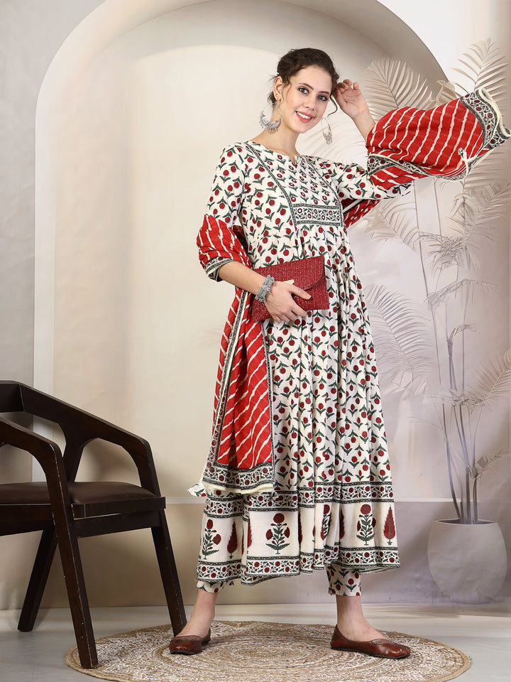 Cotton  Calf Length Printed Flared 3/4 Sleeves Round Neck Kurta, Bottom With Dupatta