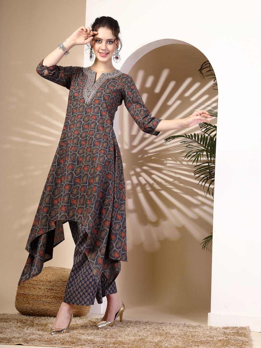 Cotton  Calf Length Printed Asymmetric 3/4 Sleeves Round Neck Kurta Bottom Set