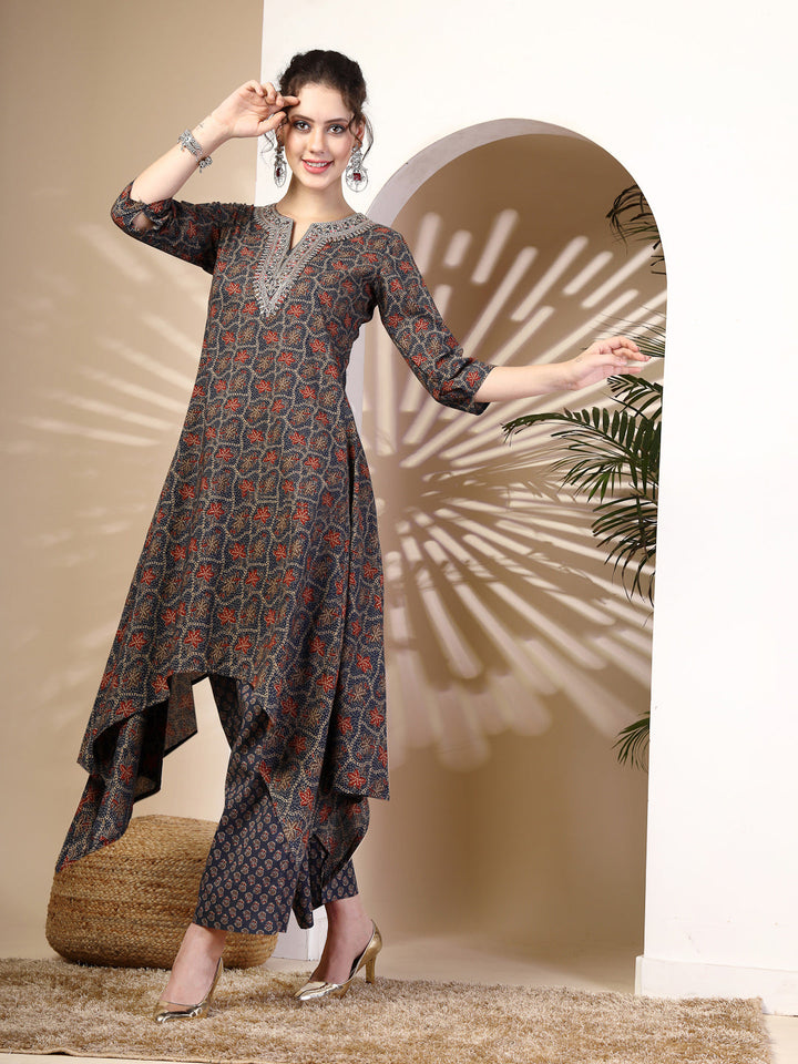 Cotton  Calf Length Printed Asymmetric 3/4 Sleeves Round Neck Kurta Bottom Set
