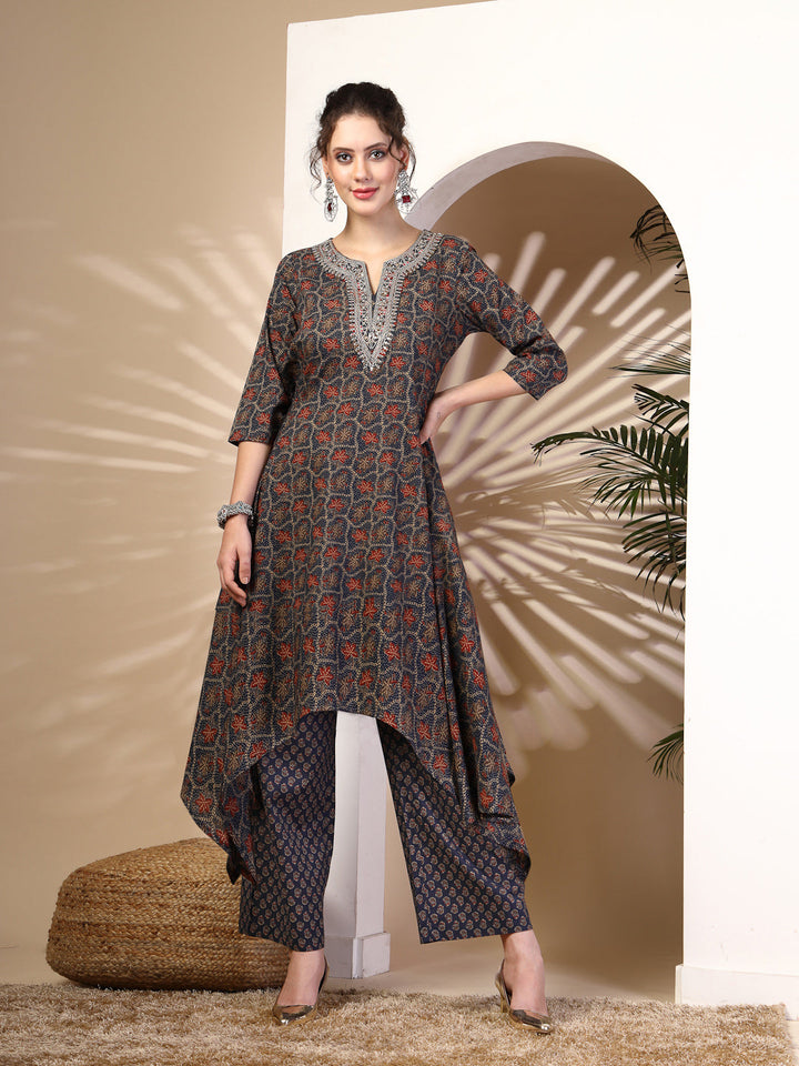 Cotton  Calf Length Printed Asymmetric 3/4 Sleeves Round Neck Kurta Bottom Set
