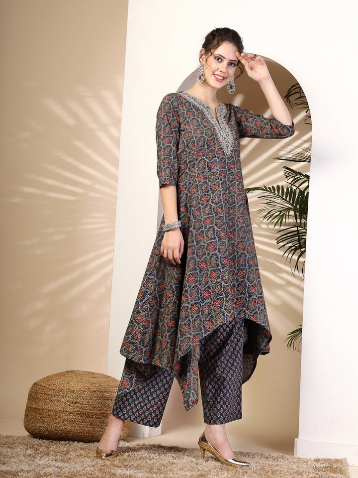 Cotton  Calf Length Printed Asymmetric 3/4 Sleeves Round Neck Kurta Bottom Set