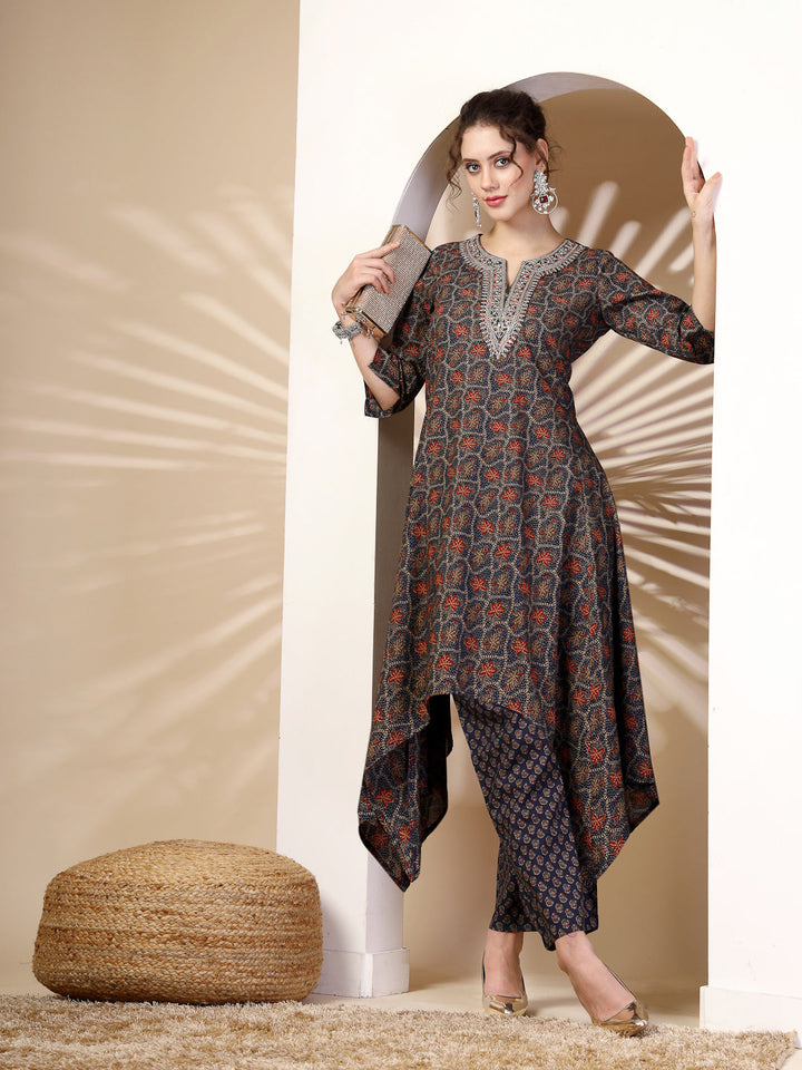 Cotton  Calf Length Printed Asymmetric 3/4 Sleeves Round Neck Kurta Bottom Set