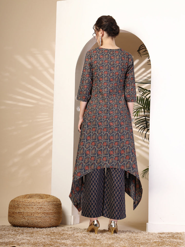 Cotton  Calf Length Printed Asymmetric 3/4 Sleeves Round Neck Kurta Bottom Set