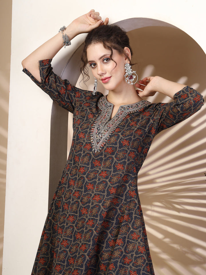 Cotton  Calf Length Printed Asymmetric 3/4 Sleeves Round Neck Kurta Bottom Set