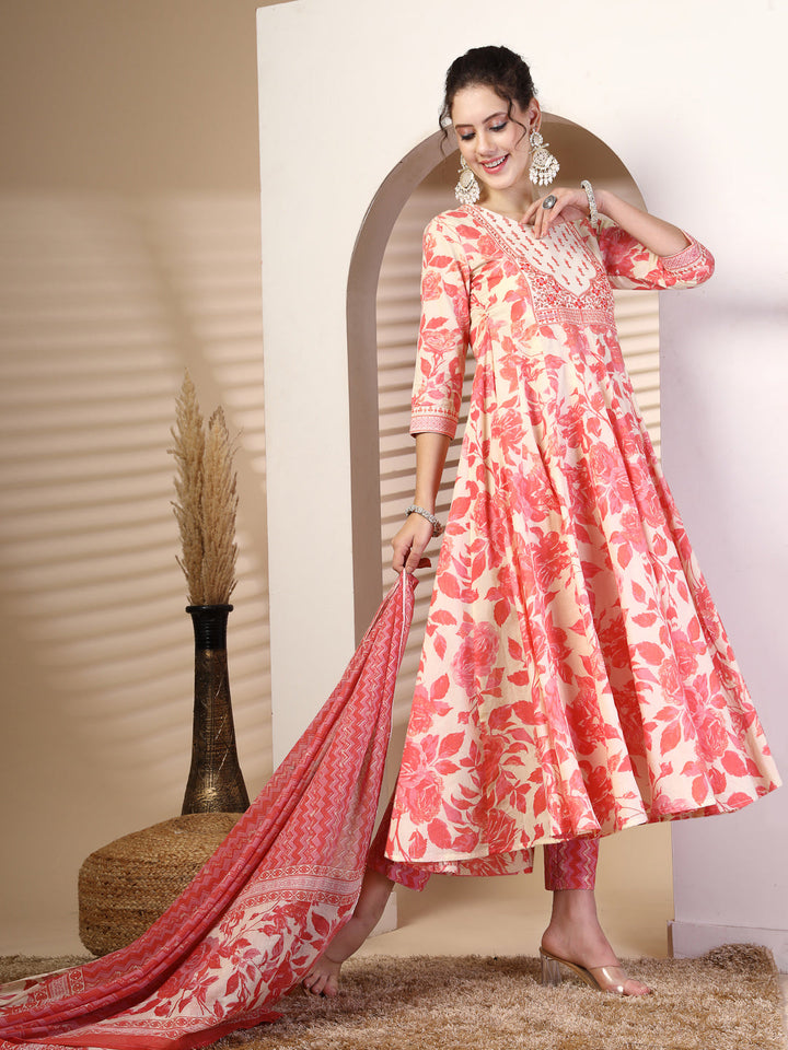 Cotton Calf Length Printed Flared 3/4 Sleeves Round Neck Kurta, Bottom With Dupatta