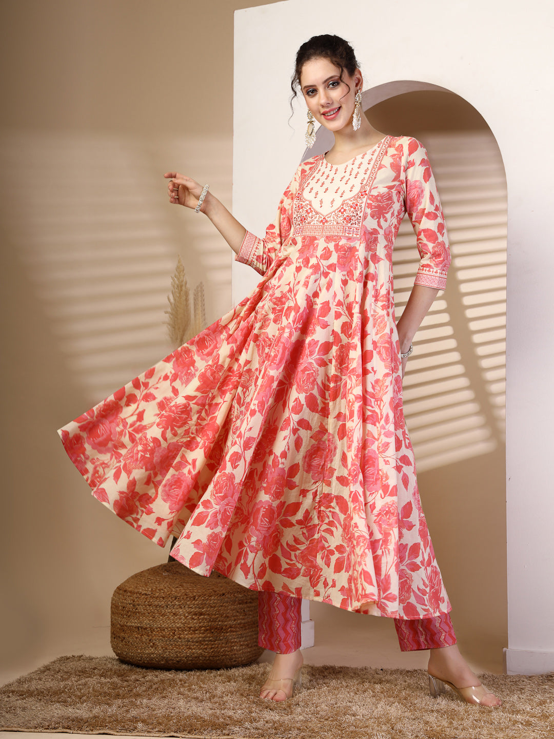 Cotton Calf Length Printed Flared 3/4 Sleeves Round Neck Kurta, Bottom With Dupatta