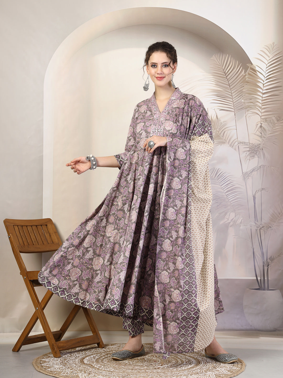 Cotton  Calf Length Printed Flared 3/4 Sleeves V-Neck Kurta, Bottom With Dupatta