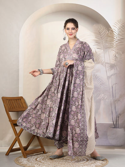 Cotton  Calf Length Printed Flared 3/4 Sleeves V-Neck Kurta, Bottom With Dupatta