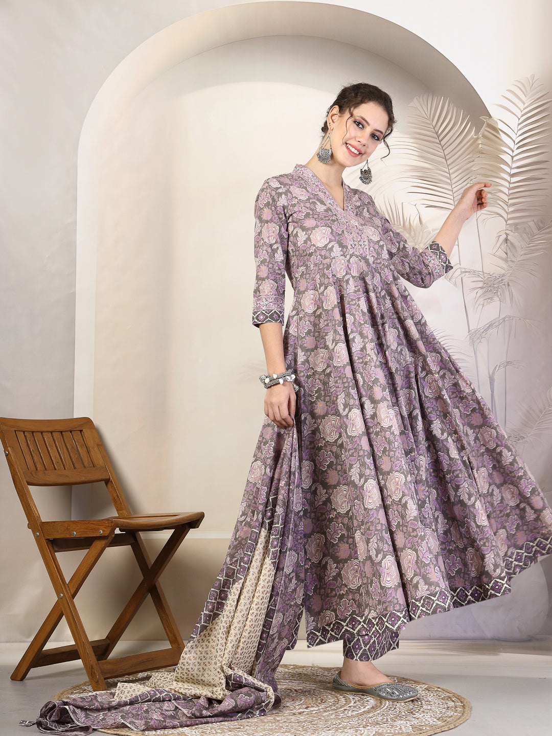 Cotton  Calf Length Printed Flared 3/4 Sleeves V-Neck Kurta, Bottom With Dupatta