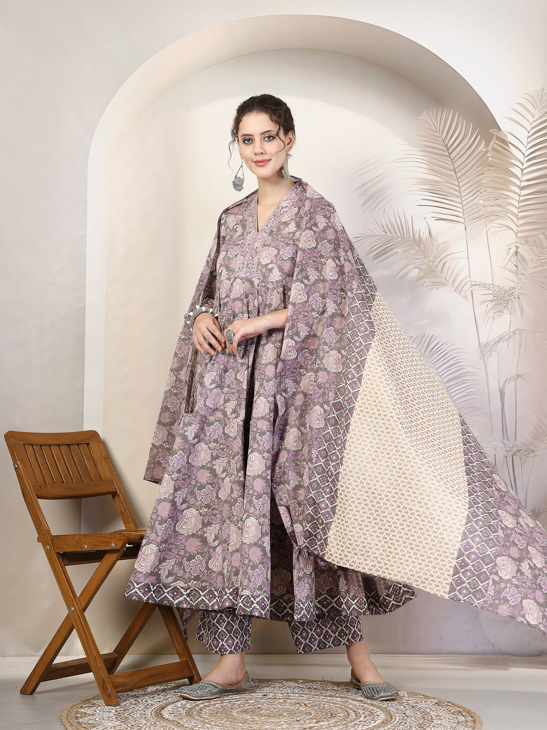 Cotton  Calf Length Printed Flared 3/4 Sleeves V-Neck Kurta, Bottom With Dupatta