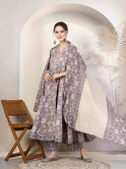 Cotton  Calf Length Printed Flared 3/4 Sleeves V-Neck Kurta, Bottom With Dupatta