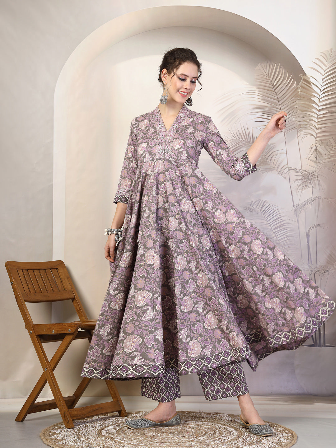 Cotton  Calf Length Printed Flared 3/4 Sleeves V-Neck Kurta, Bottom With Dupatta