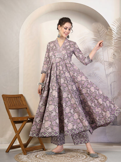 Cotton  Calf Length Printed Flared 3/4 Sleeves V-Neck Kurta, Bottom With Dupatta