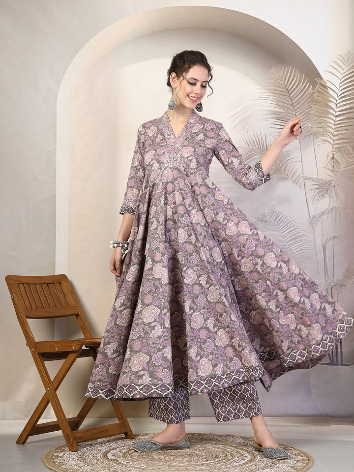 Cotton  Calf Length Printed Flared 3/4 Sleeves V-Neck Kurta, Bottom With Dupatta