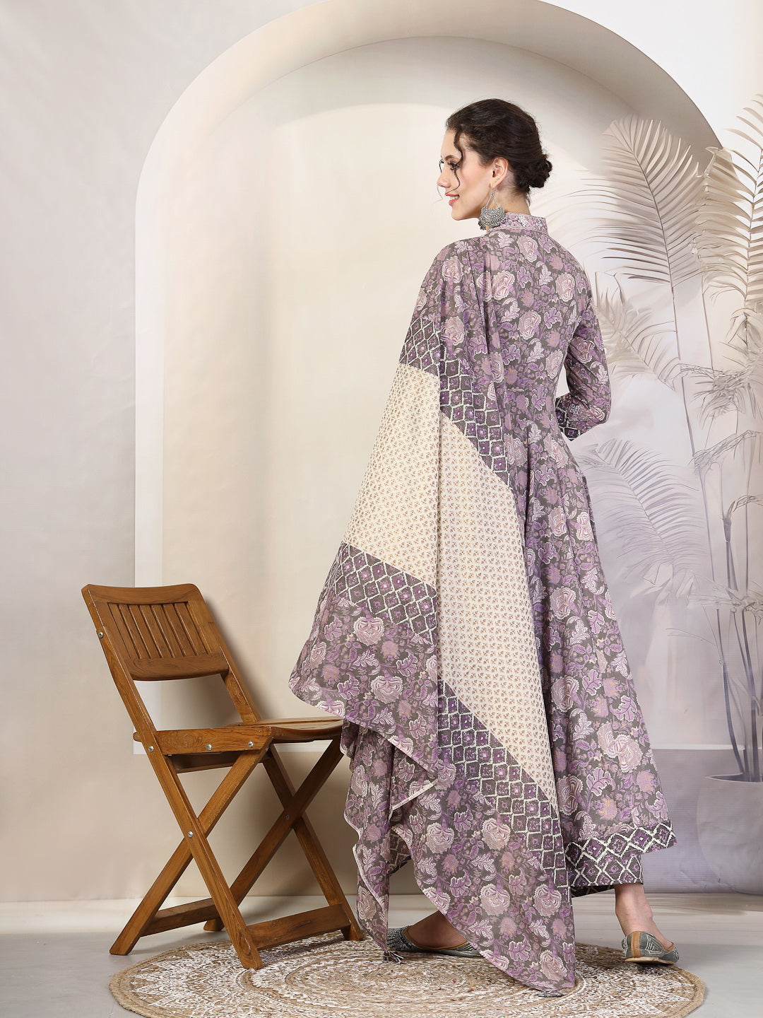 Cotton  Calf Length Printed Flared 3/4 Sleeves V-Neck Kurta, Bottom With Dupatta