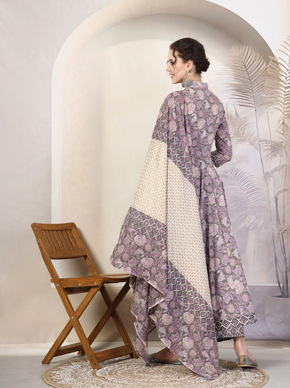 Cotton  Calf Length Printed Flared 3/4 Sleeves V-Neck Kurta, Bottom With Dupatta