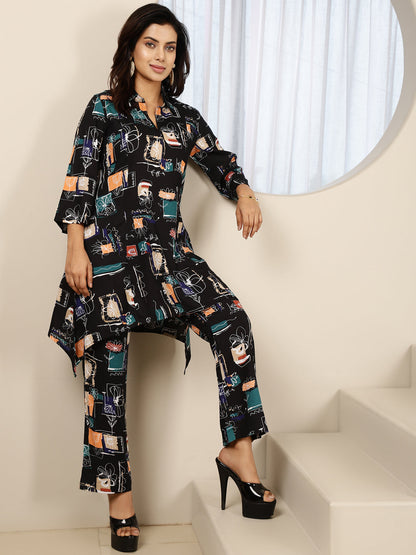 Rayon Hip Length Printed Asymmetric 3/4 Sleeves Shirt Coller Kurta Suit Set