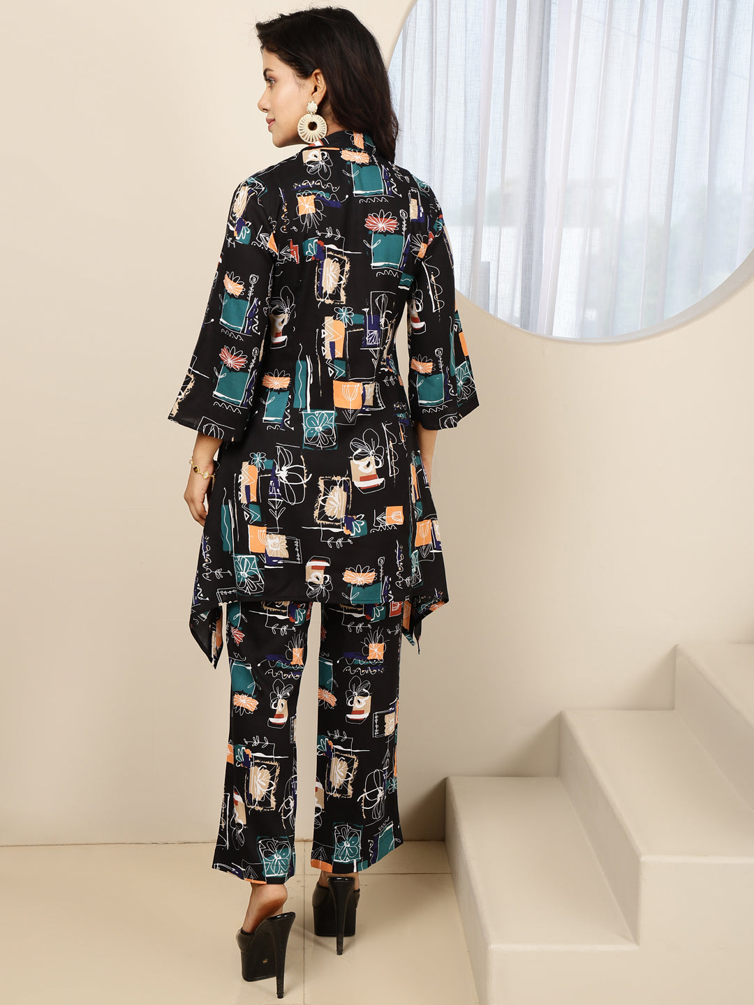 Rayon Hip Length Printed Asymmetric 3/4 Sleeves Shirt Coller Kurta Suit Set
