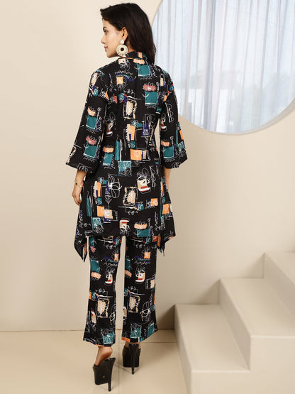 Rayon Hip Length Printed Asymmetric 3/4 Sleeves Shirt Coller Kurta Suit Set