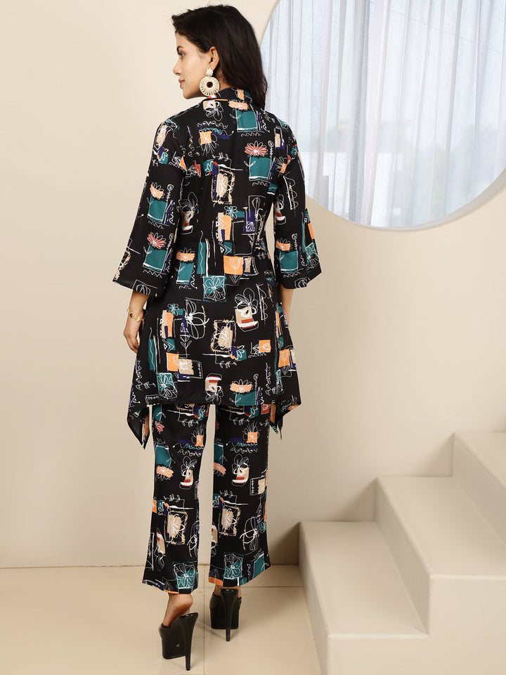 Rayon Hip Length Printed Asymmetric 3/4 Sleeves Shirt Coller Kurta Suit Set