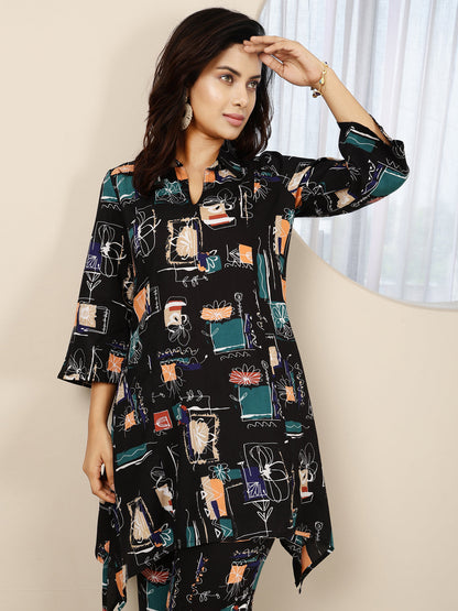 Rayon Hip Length Printed Asymmetric 3/4 Sleeves Shirt Coller Kurta Suit Set