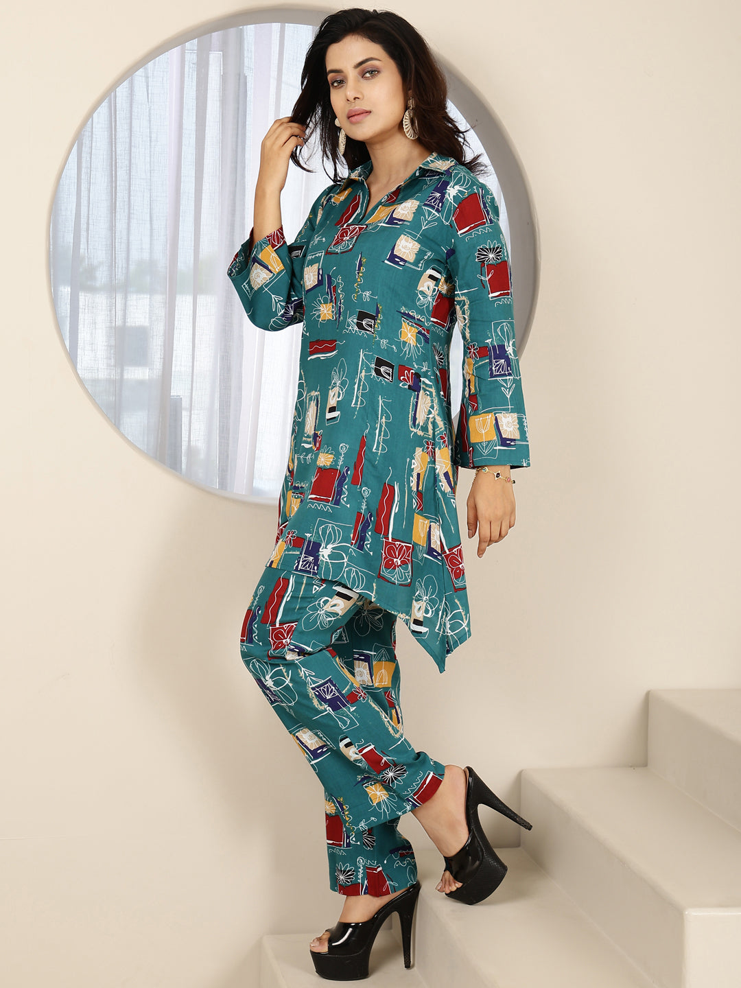 Rayon Hip Length Printed Asymmetric 3/4 Sleeves Shirt Coller Kurta Suit Set