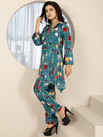 Rayon Hip Length Printed Asymmetric 3/4 Sleeves Shirt Coller Kurta Suit Set