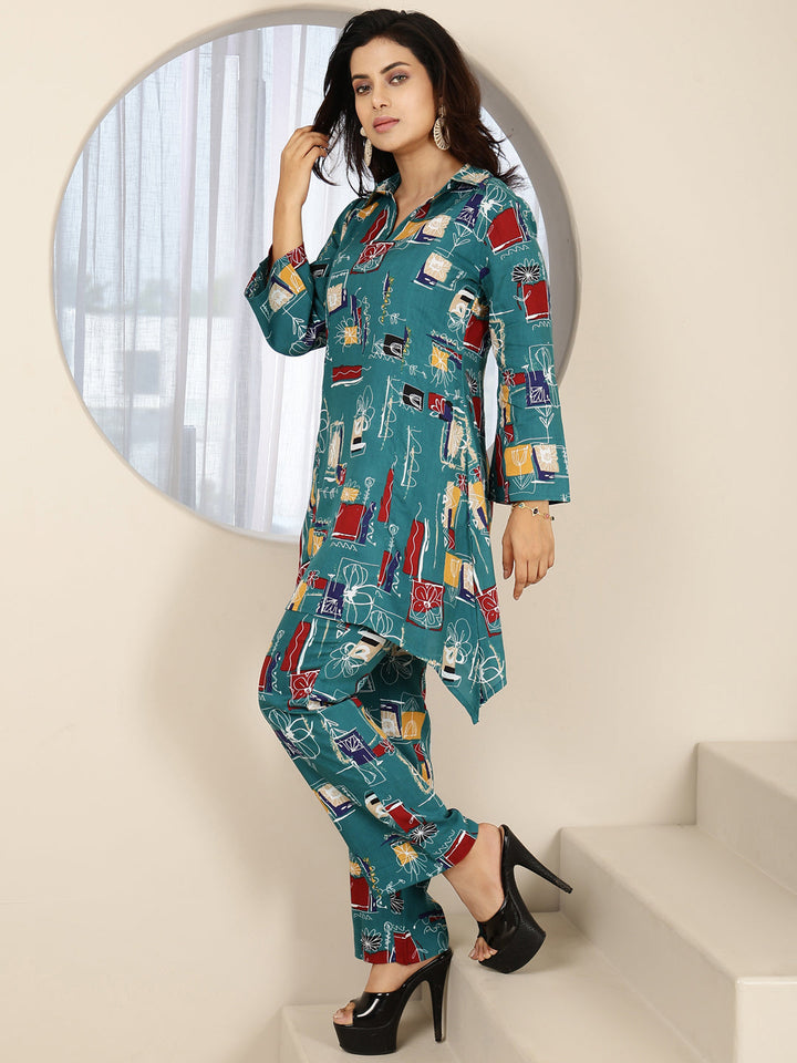 Rayon Hip Length Printed Asymmetric 3/4 Sleeves Shirt Coller Kurta Suit Set